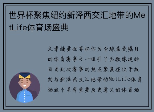 世界杯聚焦纽约新泽西交汇地带的MetLife体育场盛典